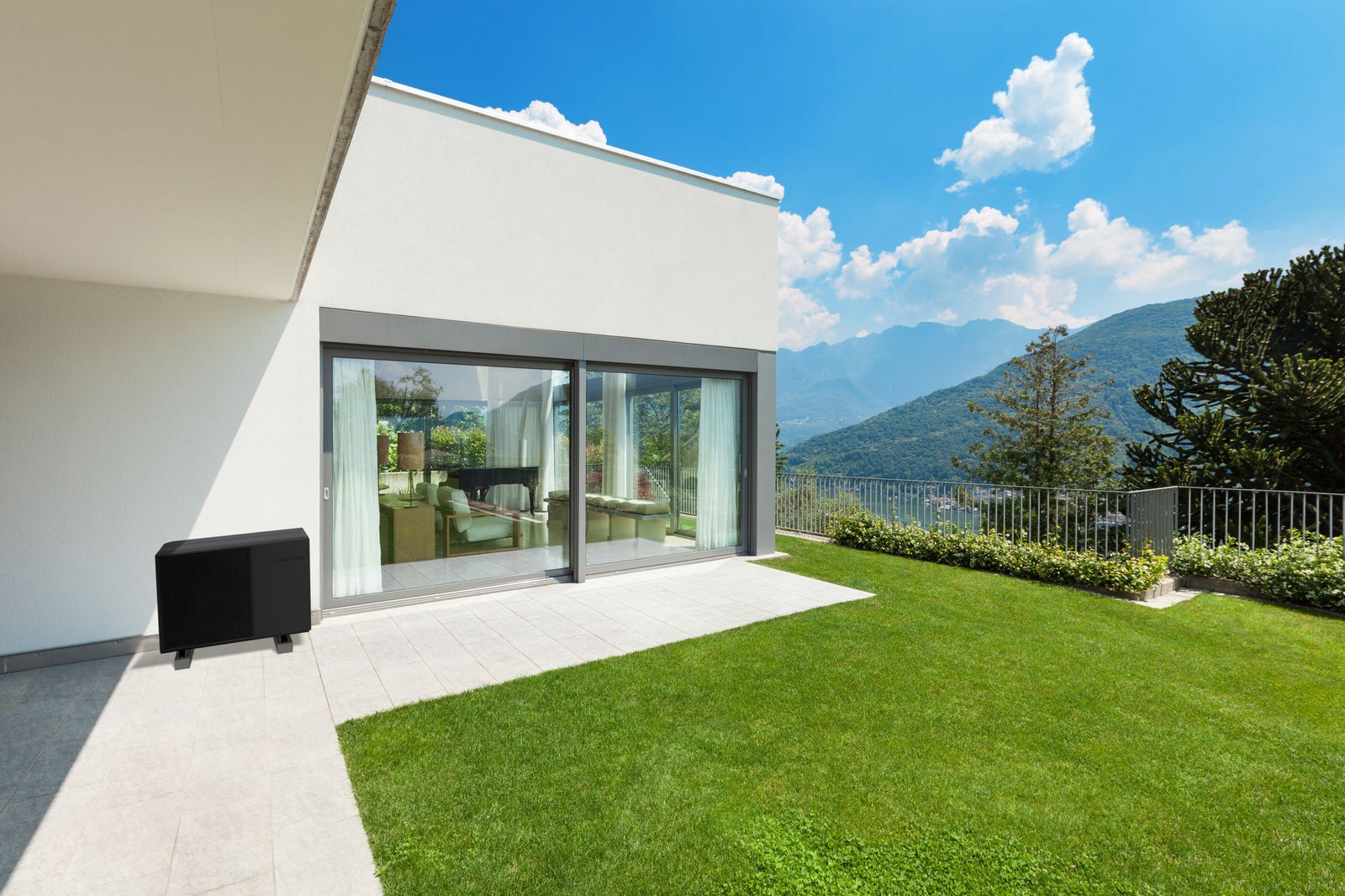Architecture, modern white house with garden, outdoors