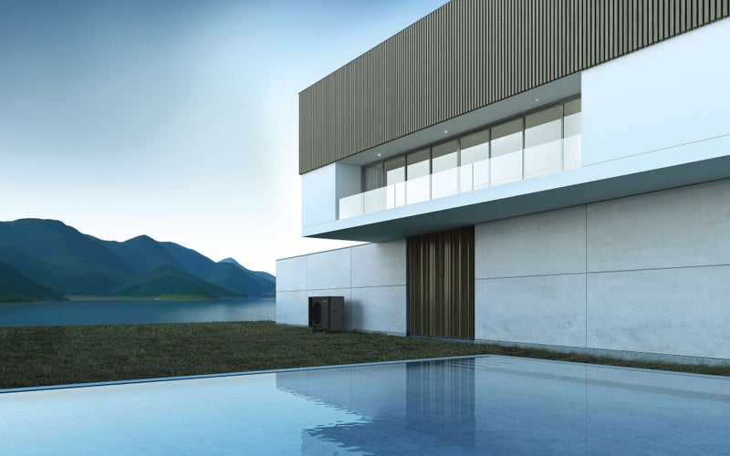 Perspective of luxury modern house with swimming pool and lawn yard in day time, Idea of minimal architecture design. 3D rendering