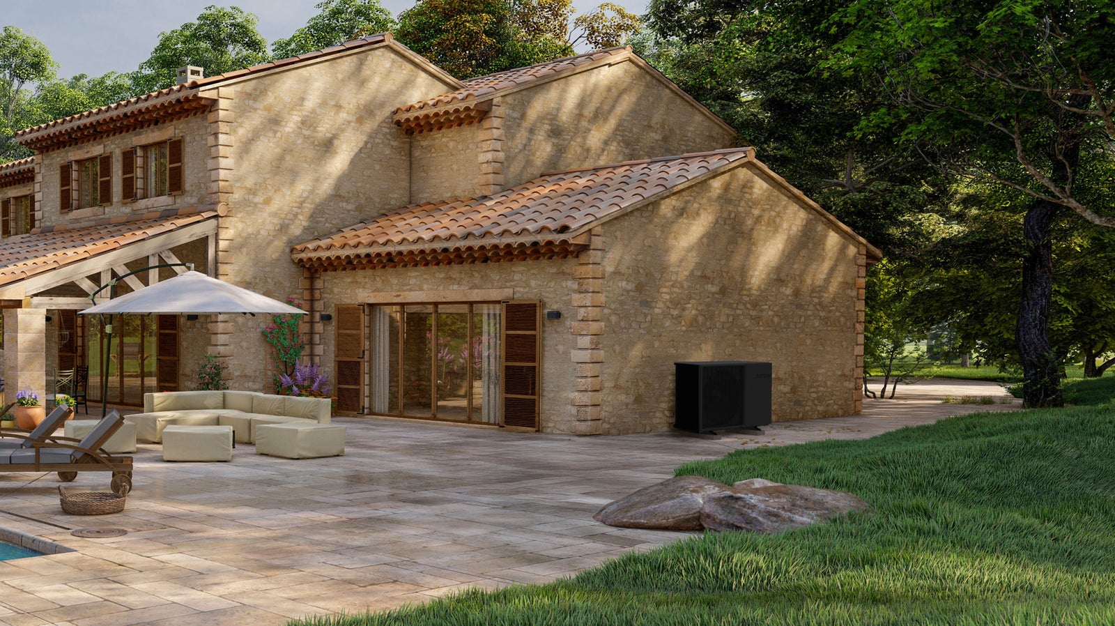 3D rendering of a Mediterranean style villa with pool and garden