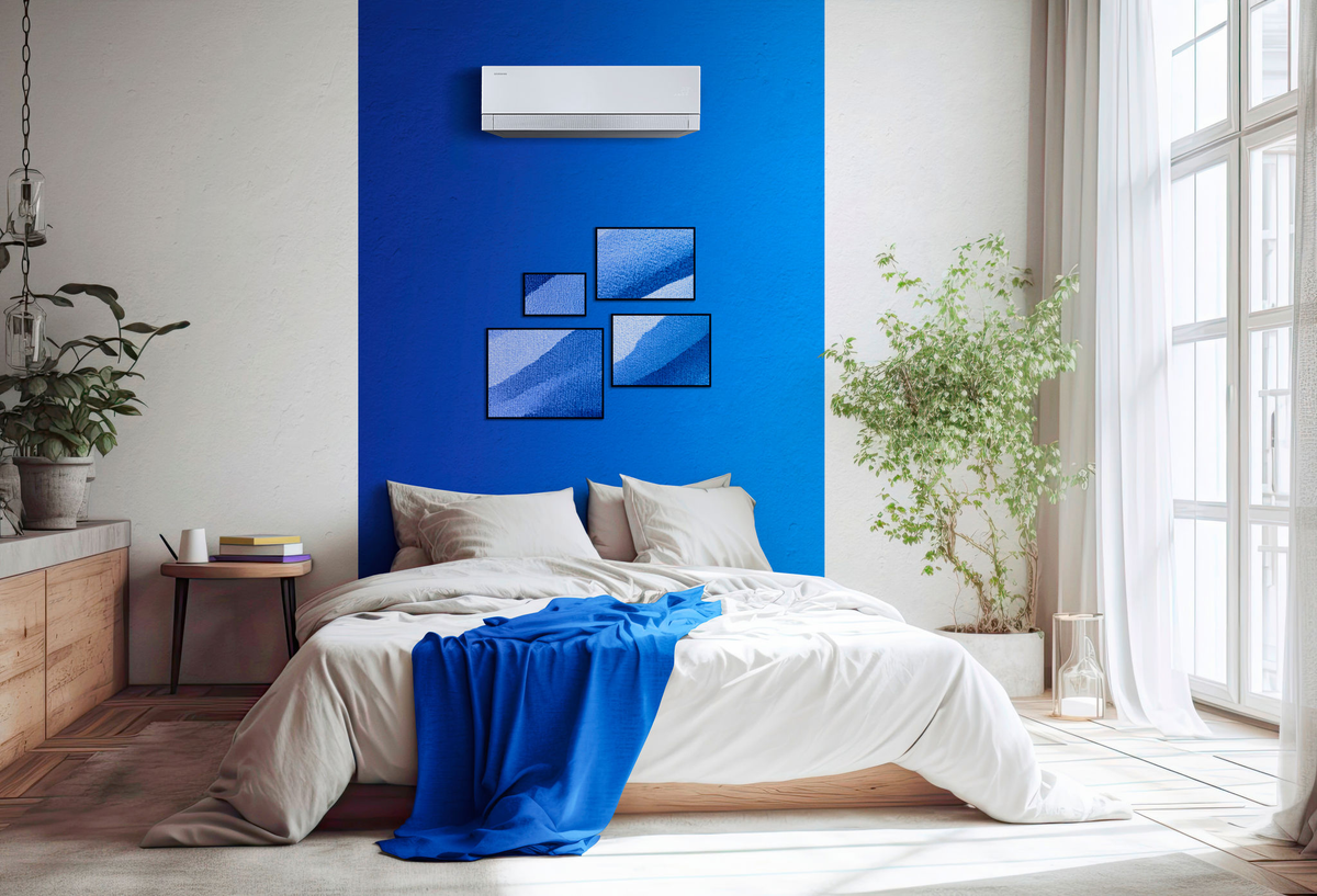 A double bed is located in the interior bedroom corner. Pillows in white and gray with gray bedding. Above the bed, there is a horizontal poster hanging. a mockup. Generative AI A double bed is located in the interior bedroom corner. Pillows in white and gray with gray bedding. Above the bed, there is a horizontal poster hanging. a mockup. Generative AI