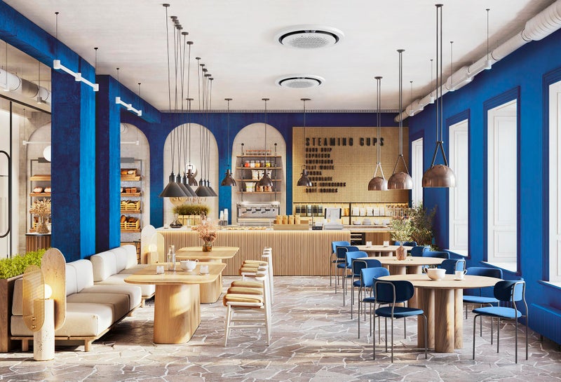 1395507586 3d render of a beautiful coffee shot in the city. Interior of modern cafe with beautiful furniture.