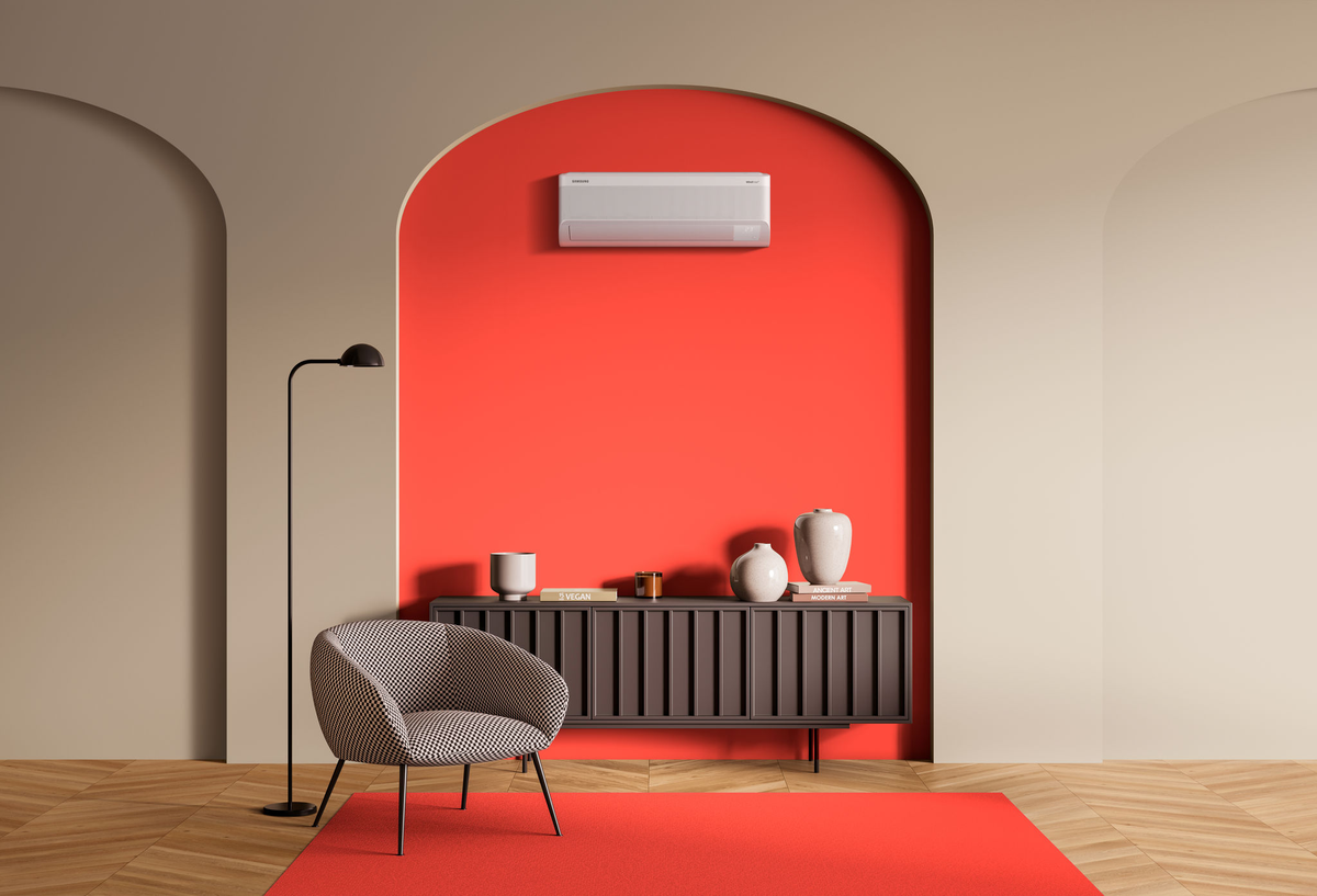 Beige living room interior with chair and commode with art books on parquet floor. Minimalist relaxing room with decoration. Mockup copy space photo frame, 3D rendering; Shutterstock ID 2052577967; Projectnummer: 23091880; job:  Samsung_Climate_Solutions_Photography_Pitch; client: Lukkien; other: 