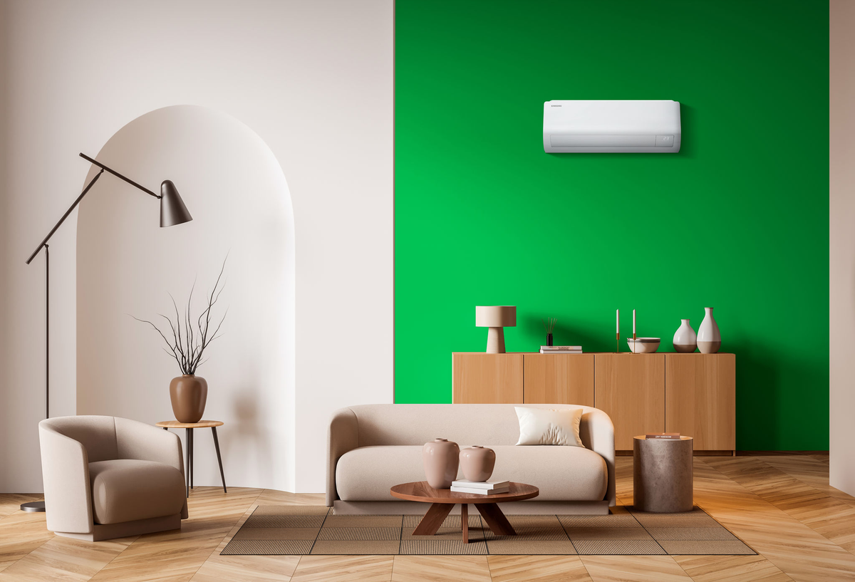 Modern villa living room design interior, beige furniture, bright walls, hardwood flooring, sofa, armchair with lamp. Concept of relax. 3d rendering; Shutterstock ID 2112311690; Projectnummer: 23091880; job:  Samsung_Climate_Solutions_Photography_Pitch; client: Lukkien; other: 