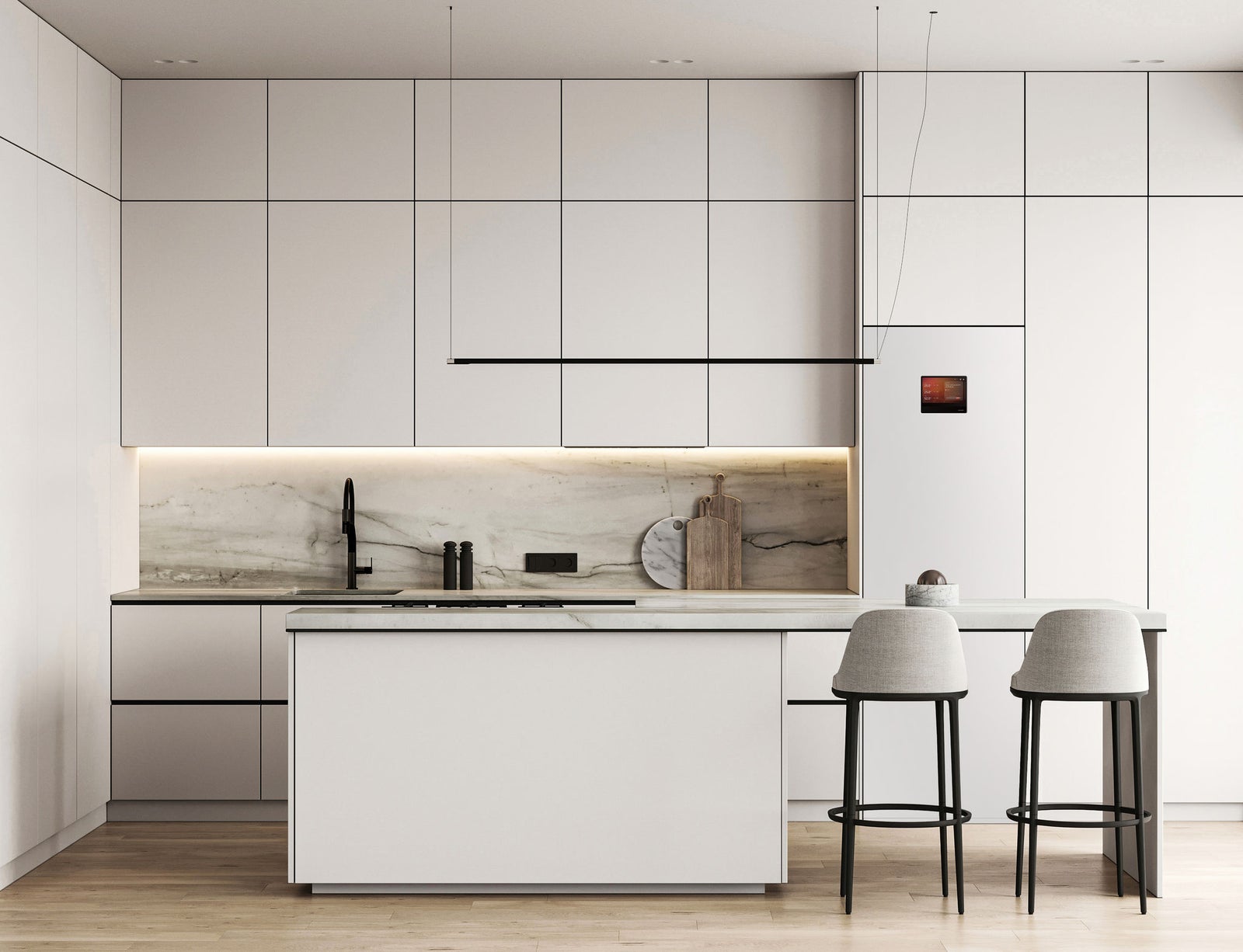 Modern nature style white kitchen interior design with island and panoramic background. 3d rendering. High quality 3d illustration. 3D Illustration