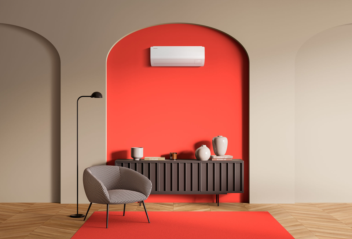 2052577967 Beige living room interior with chair and commode with art books on parquet floor. Minimalist relaxing room with decoration. Mockup copy space photo frame, 3D rendering; Shutterstock ID 2052577967; Projectnummer: 23091880; job: Samsung_Climate_Solutions_Photography_Pitch; client: Lukkien; other: