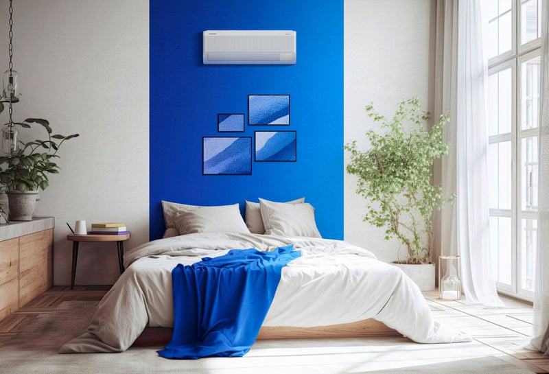 A double bed is located in the interior bedroom corner. Pillows in white and gray with gray bedding. Above the bed, there is a horizontal poster hanging. a mockup. Generative AI A double bed is located in the interior bedroom corner. Pillows in white and gray with gray bedding. Above the bed, there is a horizontal poster hanging. a mockup. Generative AI