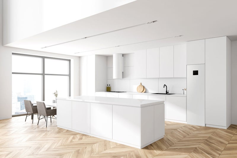 1806518995 Corner of modern kitchen with white walls, wooden floor, white cabinets and bar with chairs. 3d rendering