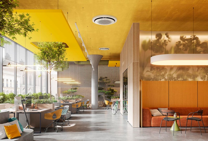 1350785266 Interior of a corporate office area. 3d rendering of spacious office lobby.