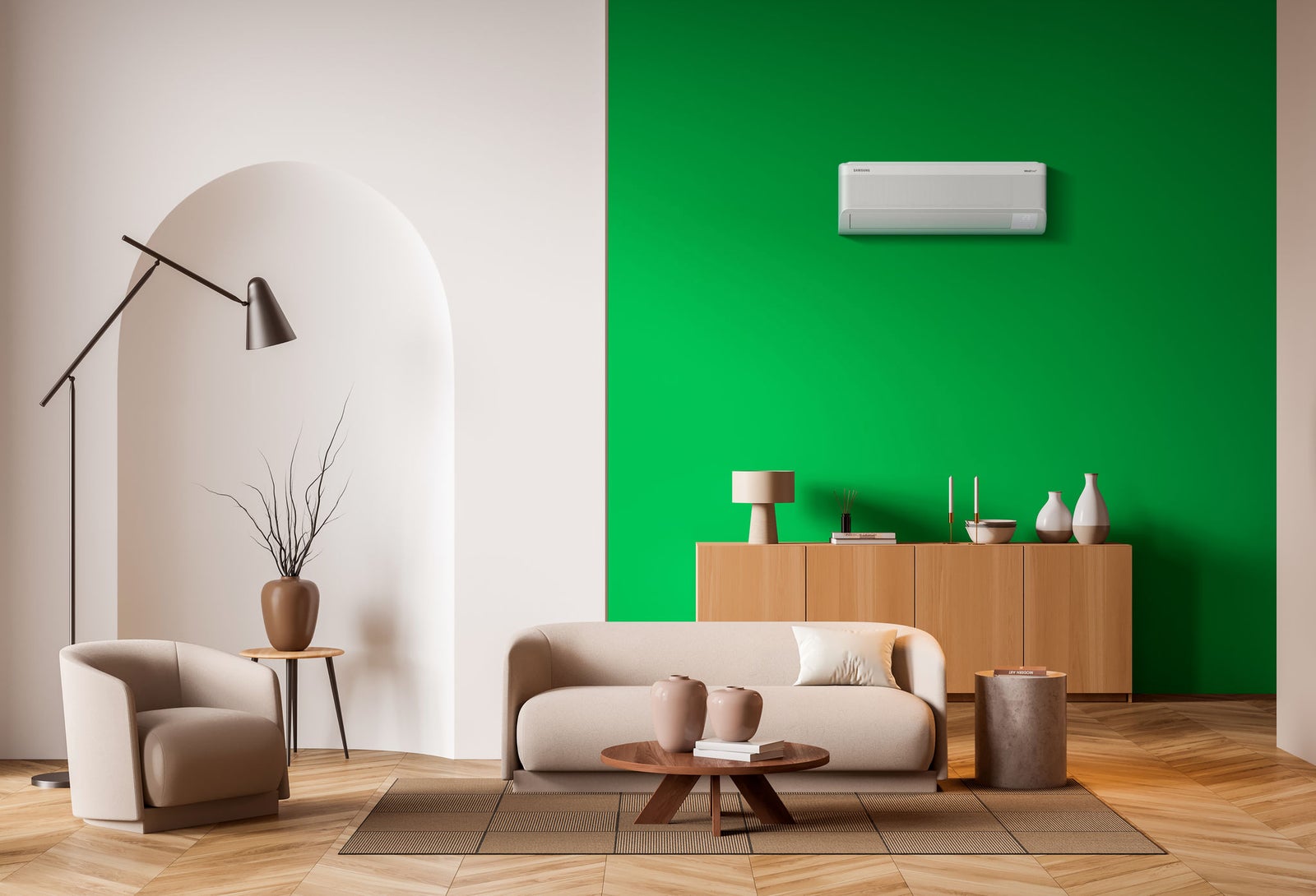 Modern villa living room design interior, beige furniture, bright walls, hardwood flooring, sofa, armchair with lamp. Concept of relax. 3d rendering; Shutterstock ID 2112311690; Projectnummer: 23091880; job:  Samsung_Climate_Solutions_Photography_Pitch; client: Lukkien; other: 