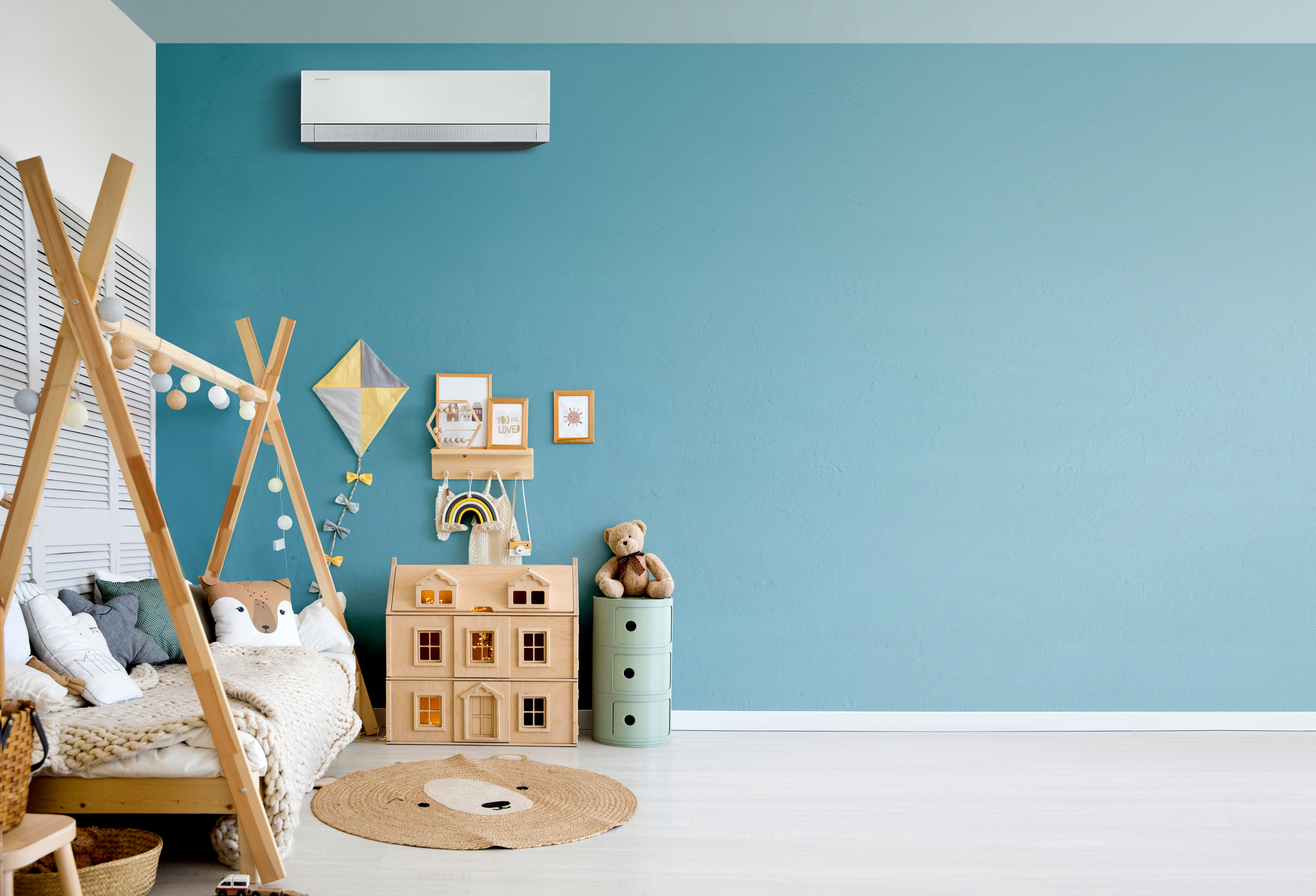 Stylish baby room with toys, wooden bed and mock up poster frame. Cute home decor. Scandinavian interior of a children's room. Stylish baby room with toys, wooden bed and mock up poster frame. Cute home decor. Scandinavian interior of a children's room.