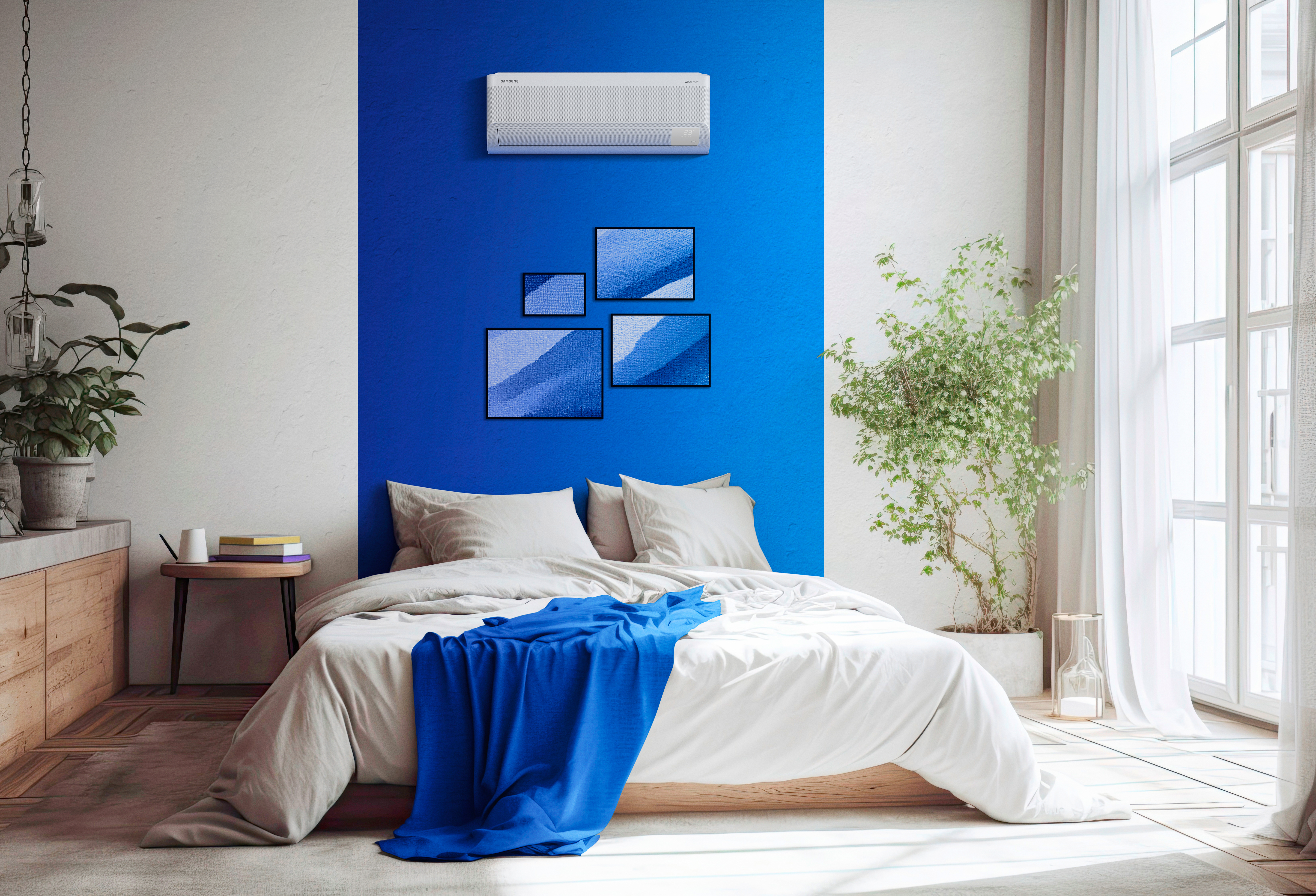 A double bed is located in the interior bedroom corner. Pillows in white and gray with gray bedding. Above the bed, there is a horizontal poster hanging. a mockup. Generative AI