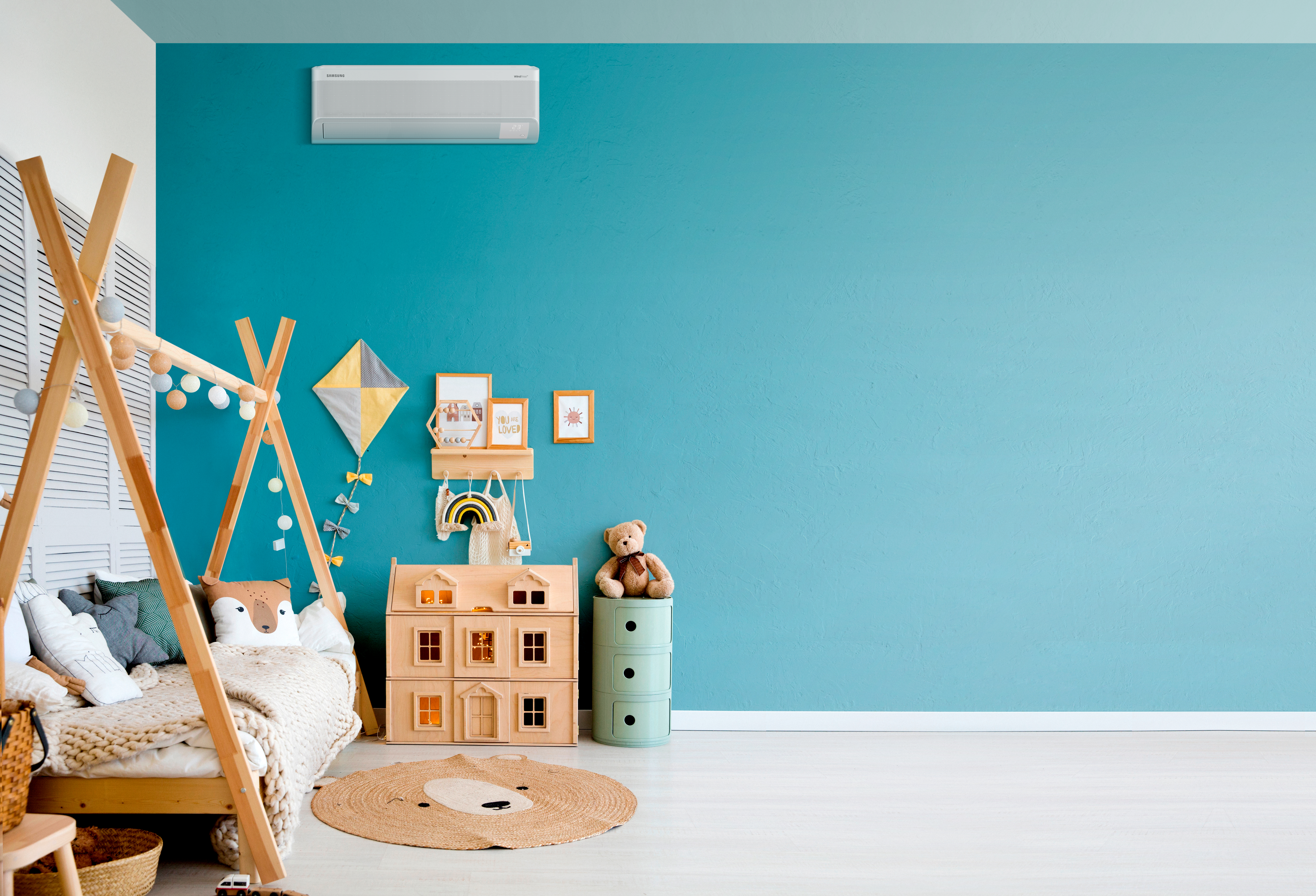 Stylish baby room with toys, wooden bed and mock up poster frame. Cute home decor. Scandinavian interior of a children's room.