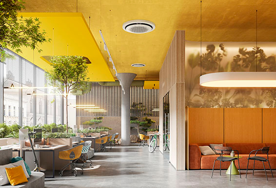 Interior of a corporate office area. 3d rendering of spacious office lobby.