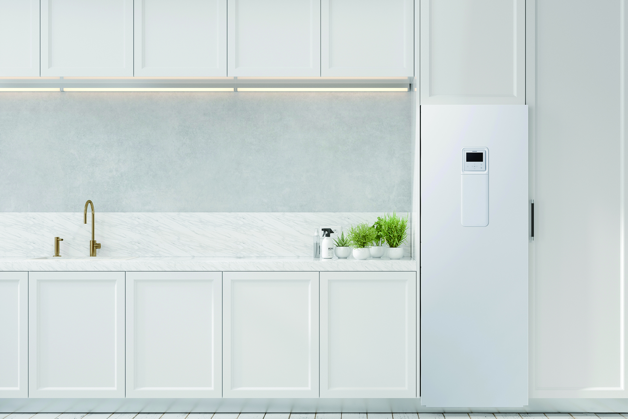 Luxury White Kitchen Interior with Laundry Room