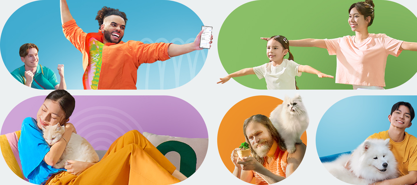 'There are men, women and pets in various life scenarios next to different types of Samsung WindFree products. The screen slides right to reveal more people and products, indicating  the title; That's why 13million users choose WindFree™.