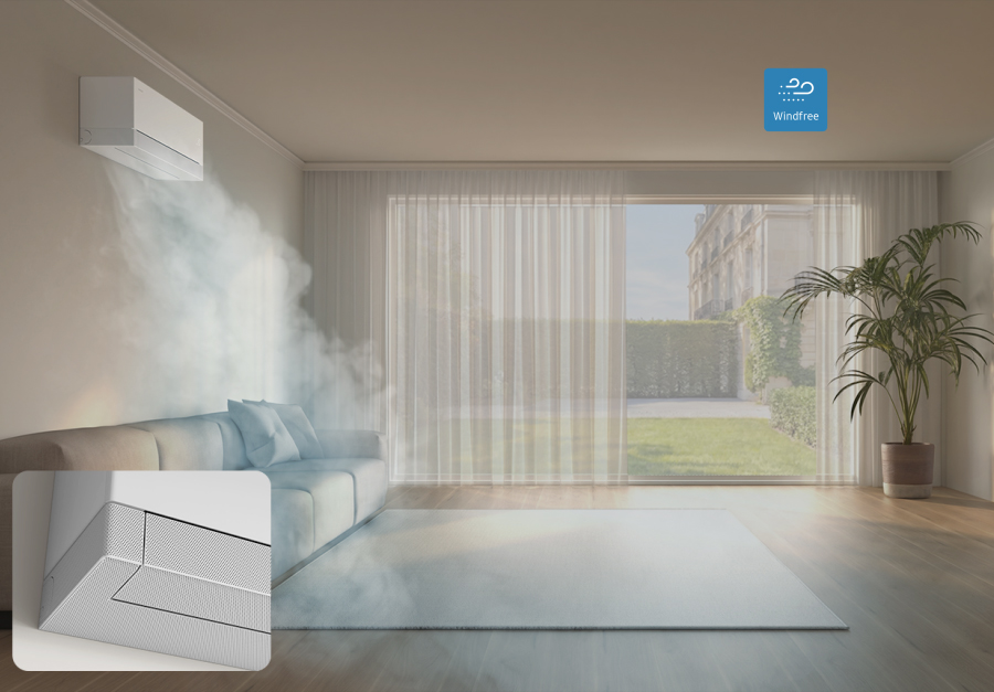 Samsung WindFree Premiere+ mikroangų technologija švelniam vėsinimui be skersvėjo